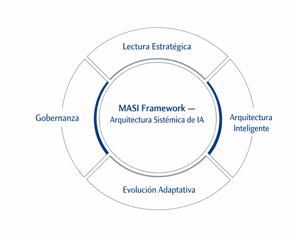Diagrama del Modelo MASI de Arquitectura Sistémica de Inteligencia Artificial con cuatro fases: lectura estratégica, arquitectura inteligente, gobernanza y evolución adaptativa.